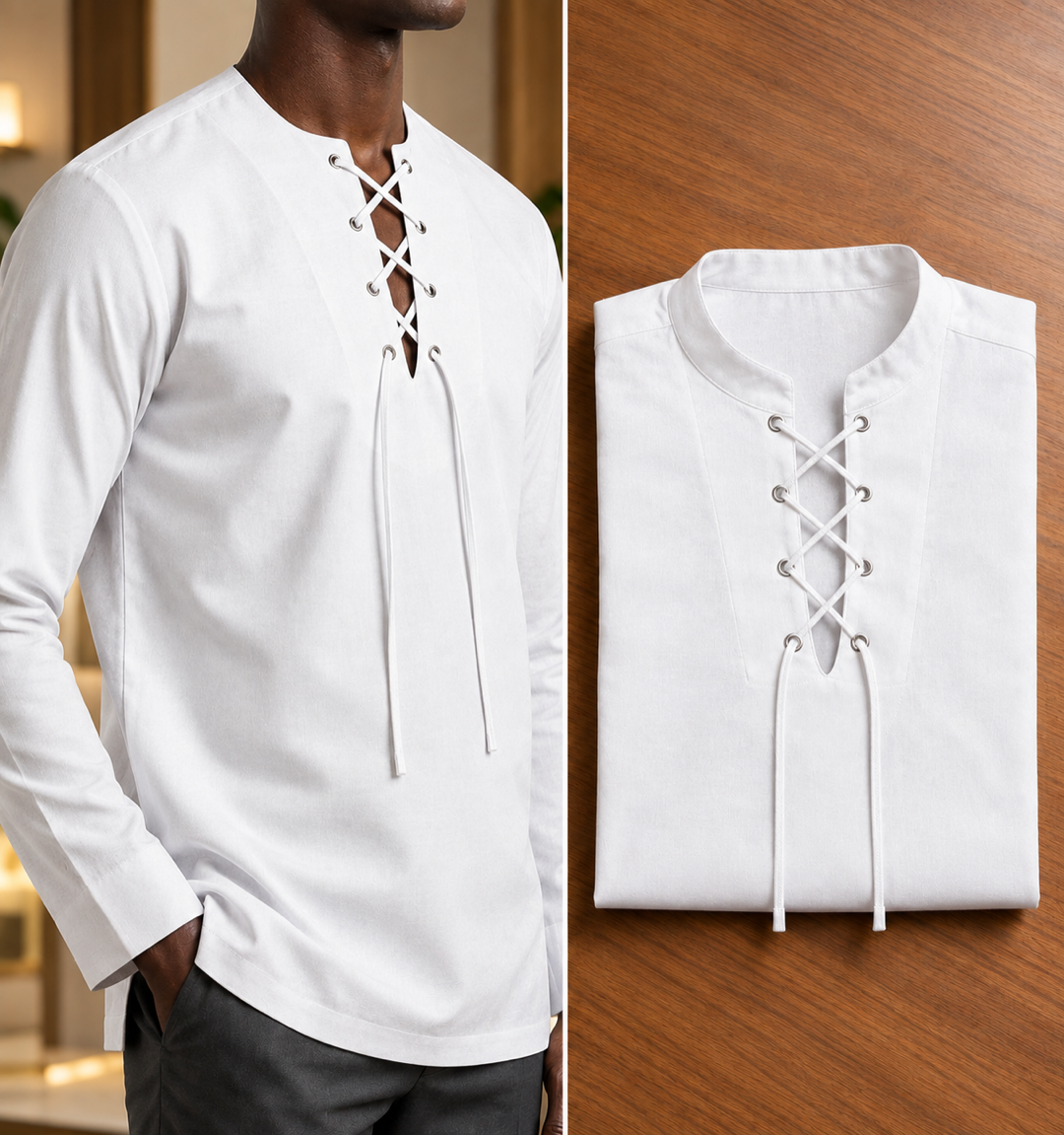 Chemise disponible 1 — blanche à laçage, portée et pliée