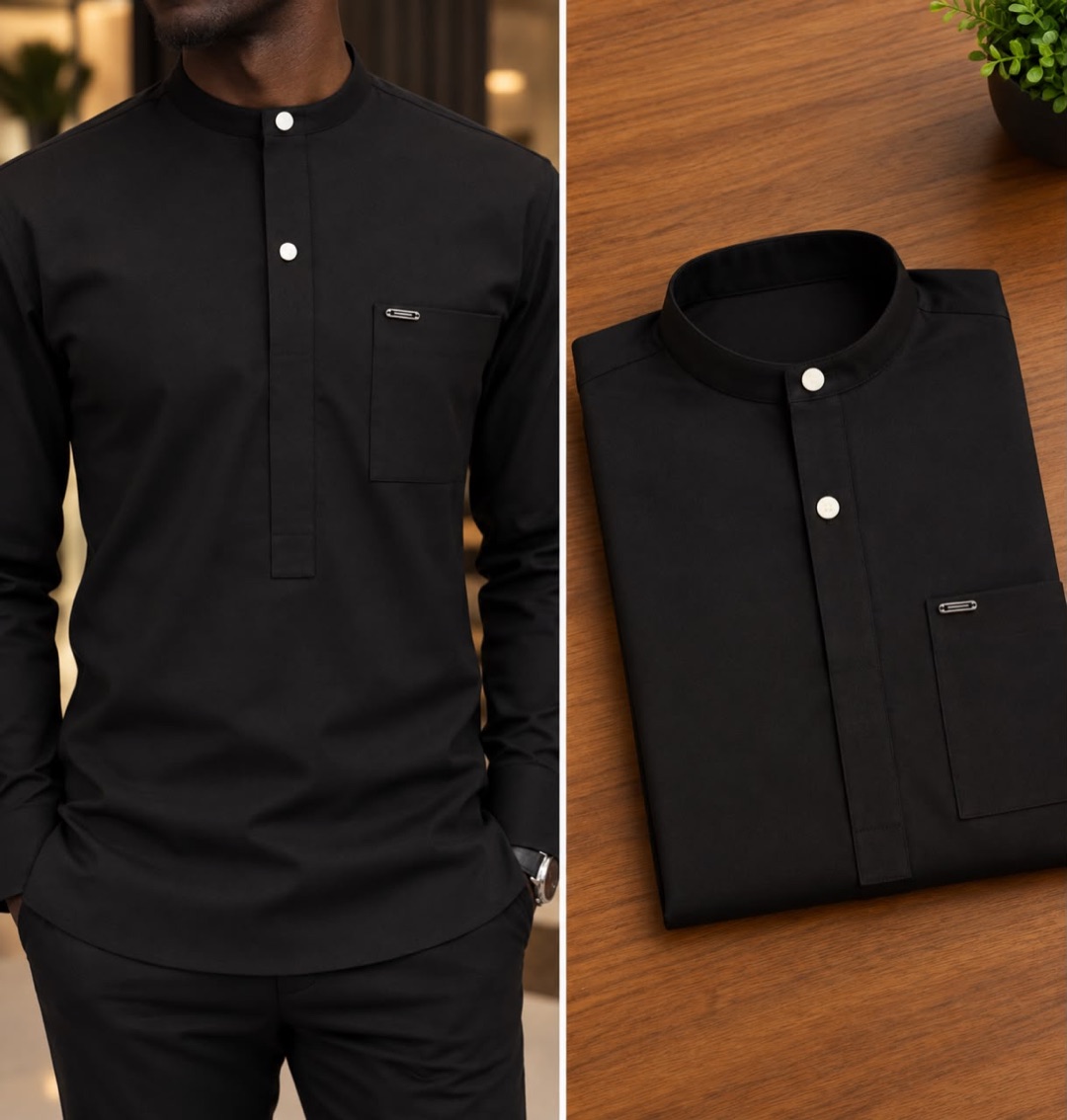 Chemise disponible 2 — noire unie, portée et pliée