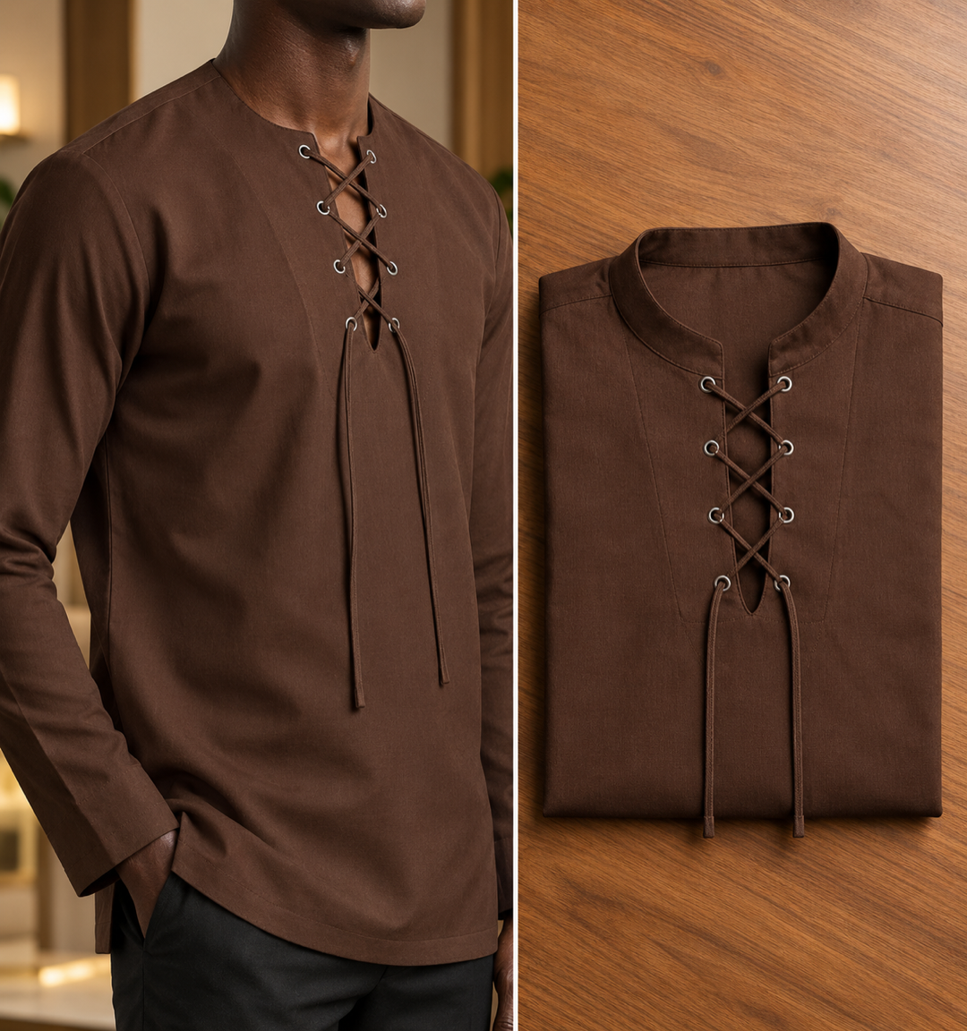 Chemise 31 — marron à laçage, portée et pliée