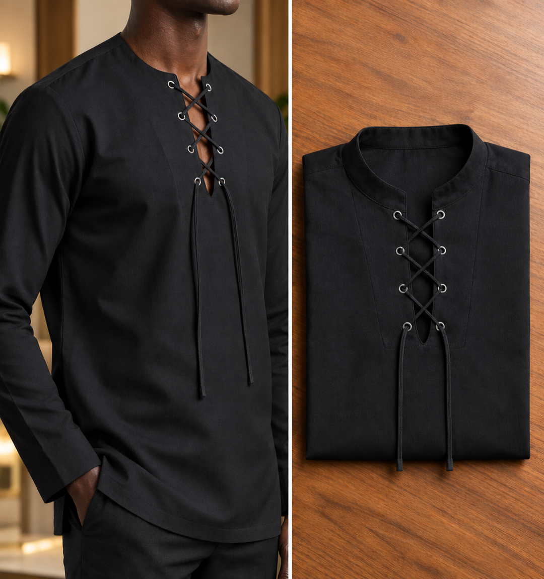 Chemise 32 — noire à laçage, portée et pliée