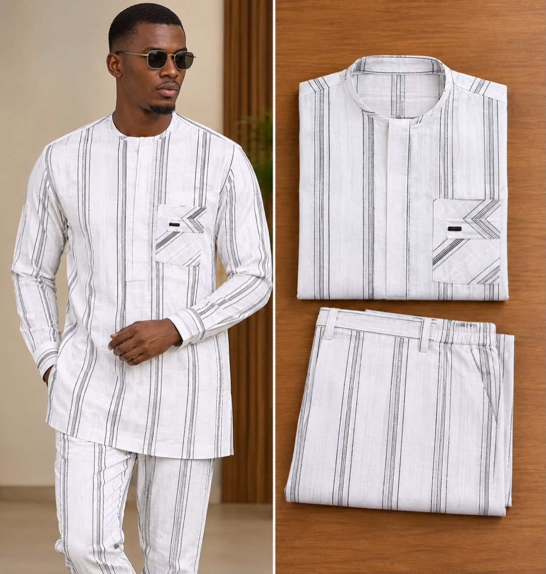 Ensemble 2 — blanc rayé noir, tunique et pantalon